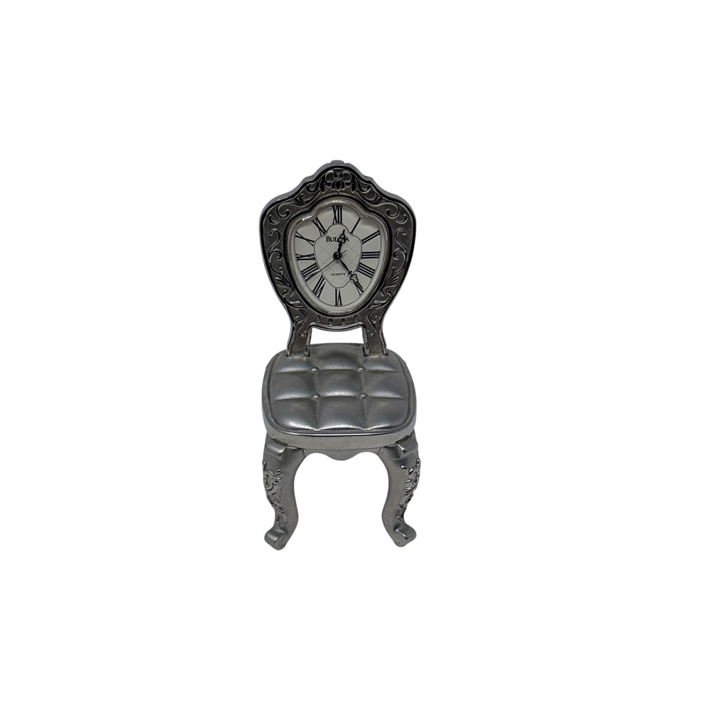 Bulova‎ Miniature Chair Clock Silver Tone Metal Quartz Vintage Collectible Decor